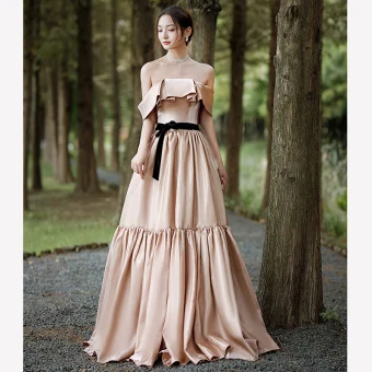Elegant Beige Satin Prom Dresses 2022 A Line Princess Off The Shoulder Sleeveless Backless Bow Sash Floor Length Long Formal Dresses
