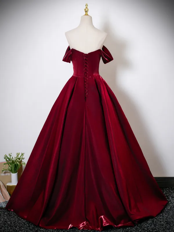 Chic / Beautiful Burgundy Beading Prom Dresses 2025 Ball Gown Off-The-Shoulder Sleeveless Backless Floor-Length / Long Formal Dresses