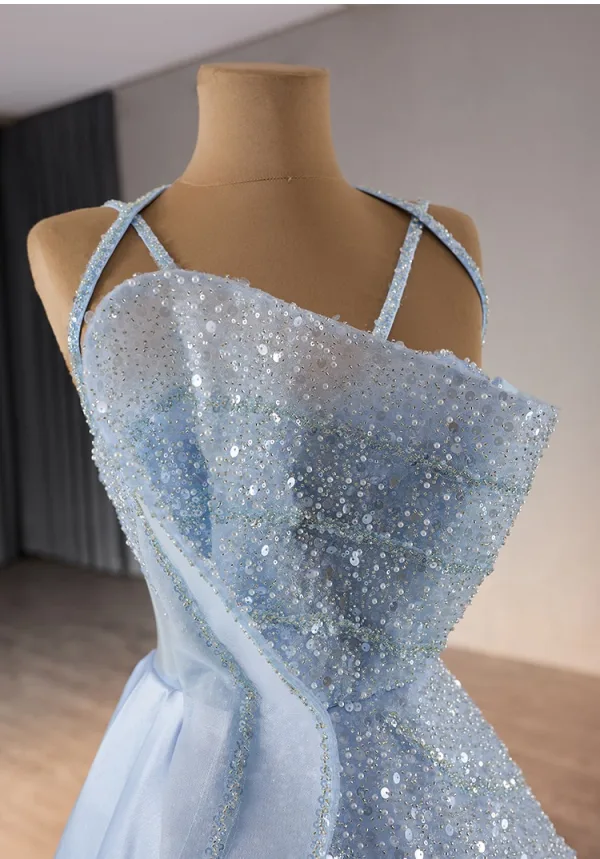 Fashion Sky Blue Beading Pearl Sequins Cascading Ruffles Prom Dresses 2024 Ball Gown Spaghetti Straps Sleeveless Backless Floor-Length / Long Prom Formal Dresses
