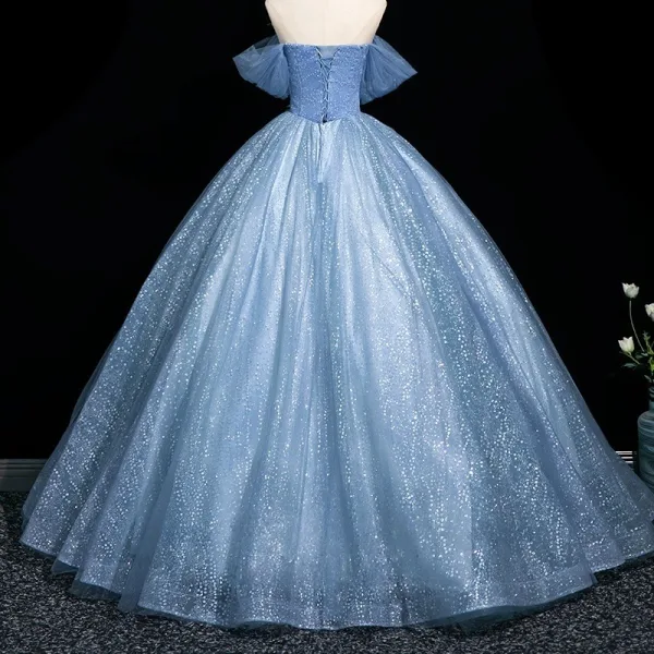 Charmant Bleu Ciel Glitter Paillettes Appliques Robe De Bal 2025 Princesse De l'épaule Manches Courtes Dos Nu Longue Robe De Ceremonie