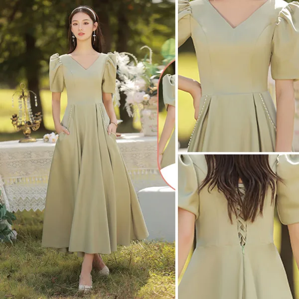 Simple Vert Cendré Satin Robe Demoiselle D'honneur 2022 Princesse Manches Courtes Dos Nu Longue Demoiselle D'honneur