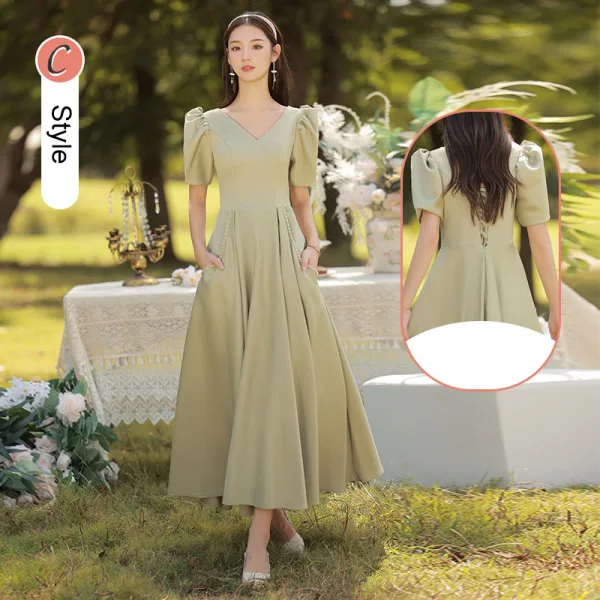 Simple Vert Cendré Satin Robe Demoiselle D'honneur 2022 Princesse Manches Courtes Dos Nu Longue Demoiselle D'honneur