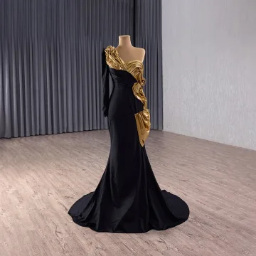 Mode Noire Robe De Soirée 2025 Trompette Sirène Une Épaule Manches Longues Dos Nu Train De Balayage Robe De Ceremonie