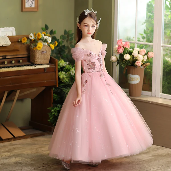 Chic / Beautiful Blushing Pink Beading Sequins Birthday Flower Girl Dresses 2024 A-Line / Princess Scoop Neck Short Sleeve Floor-Length / Long