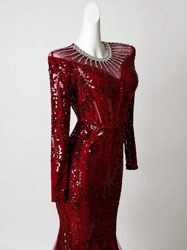 Bling Bling Burgundy Rhinestone Sequins Evening Dresses 2026 Trumpet / Mermaid Scoop Neck Long Sleeve Sweep Train Formal Dresses