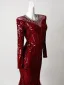 Bling Bling Burgundy Rhinestone Sequins Evening Dresses 2026 Trumpet / Mermaid Scoop Neck Long Sleeve Sweep Train Formal Dresses