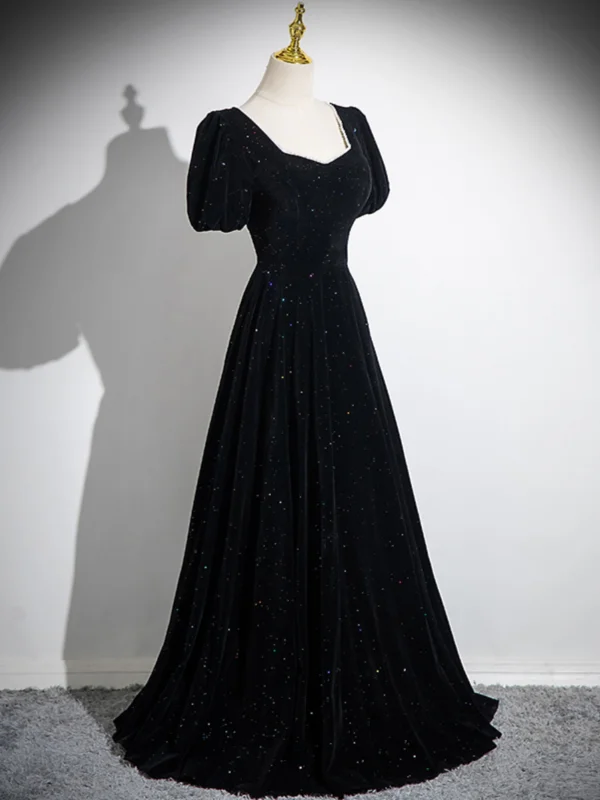 Elegant Black Glitter Prom Dresses 2024 A-Line / Princess Square Neckline Short Sleeve Backless Floor-Length / Long Formal Dresses