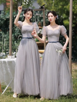 Simple Gris Robe Demoiselle D Honneur 2022 Princesse Encolure Carrée Manches Courtes Noeud Ceinture Dos Nu Longue Robe Demoiselle D Honneur