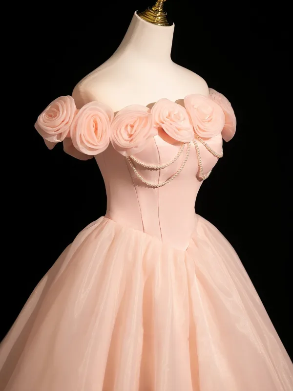 Vintage / Retro Blushing Pink Pearl Appliques Prom Dresses 2025 Ball Gown Off-The-Shoulder Sleeveless Backless Floor-Length / Long Prom Formal Dresses