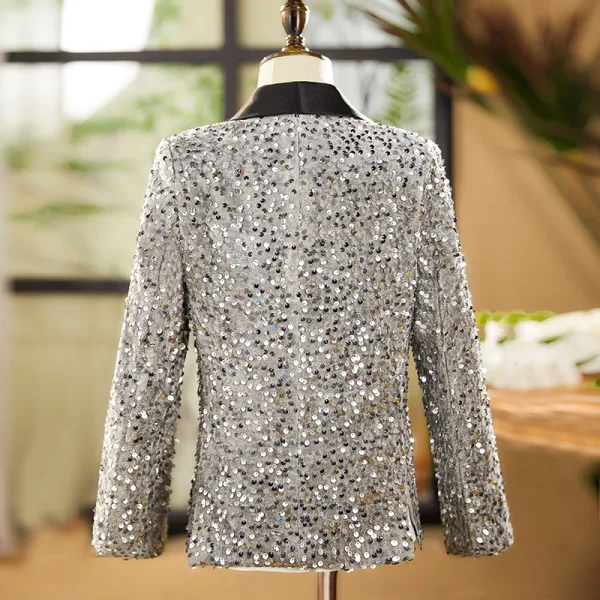 Scintillantes Gris Paillettes Manches Longues Costume Garçon Mariage 2025 Mariage Bijoux De Corps Manteau Pantalon Chemise Cravate Gilet