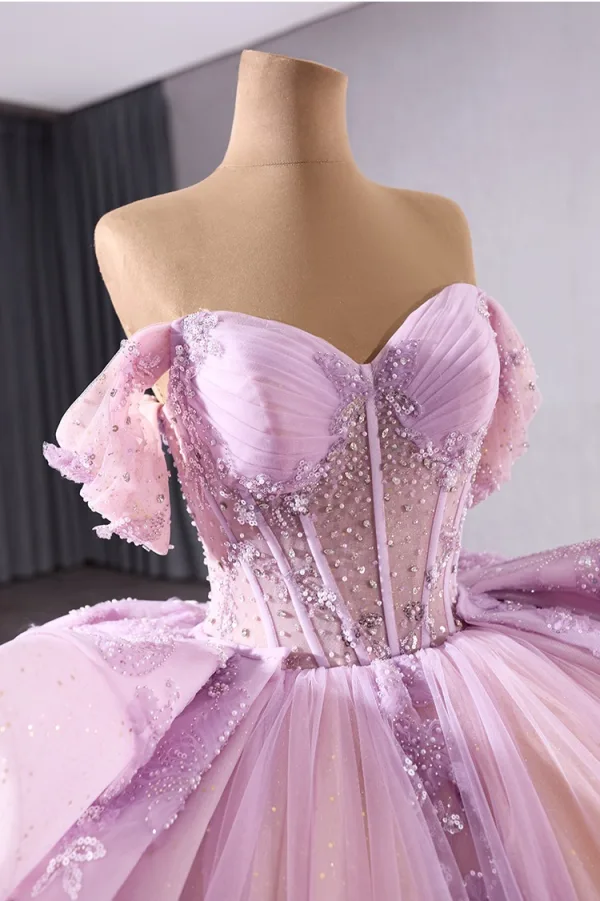 Haut de Gamme Charmant Rougissant Rose Perlage Perle Paillettes Robe De Bal 2025 Robe Boule De l'épaule Manches Courtes Dos Nu Noeud Chapel Train Promo
