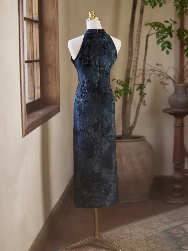 Chinese style Vintage / Retro Navy Blue Printing Evening Party Cheongsam 2025 Trumpet / Mermaid High Neck Sleeveless Tea-length Cheongsam / Qipao