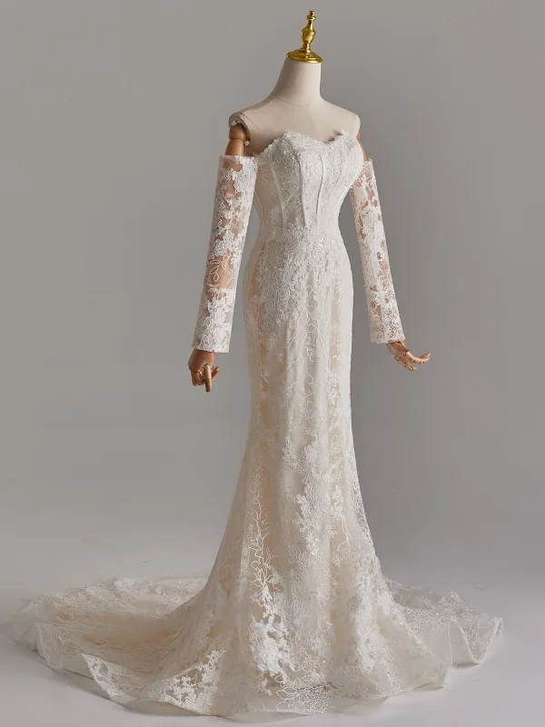 Vintage / Retro White Lace Flower Wedding Dresses 2025 Trumpet / Mermaid Off-The-Shoulder Long Sleeve Backless Sweep Train Wedding