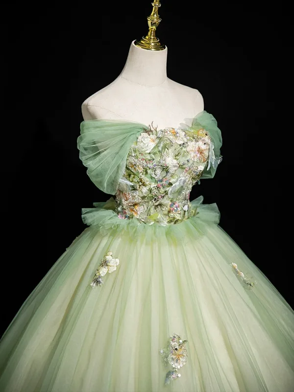 Elegant Sage Green Sequins Lace Flower Prom Dresses 2025 Ball Gown Off-The-Shoulder Short Sleeve Backless Floor-Length / Long Formal Dresses