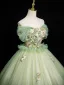 Elegant Sage Green Sequins Lace Flower Prom Dresses 2025 Ball Gown Off-The-Shoulder Short Sleeve Backless Floor-Length / Long Formal Dresses