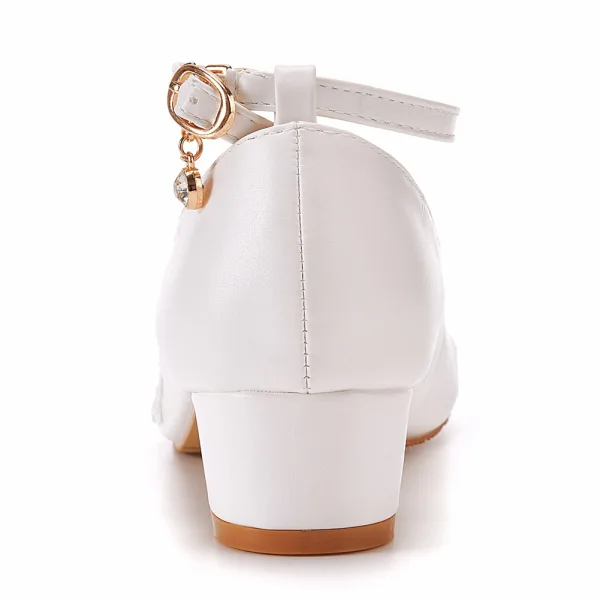 Élégant Blanche En Dentelle Fleur Chaussure De Mariée 2022 Bride Cheville 3 cm Talons Épais Talon Bas À Bout Rond Mariage Talons Hauts