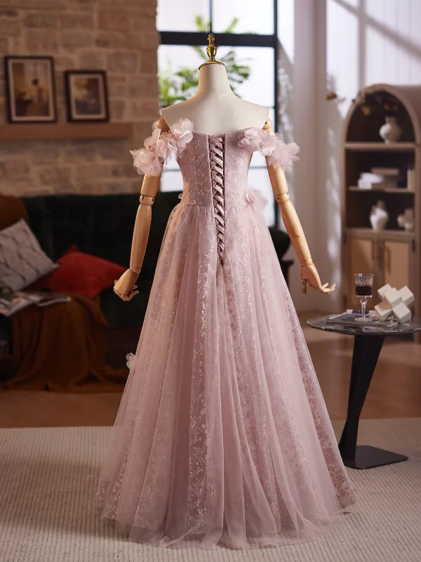 Chic / Beautiful Blushing Pink Appliques Sequins A-Line / Princess Prom Dresses 2025 Off-The-Shoulder Sleeveless Backless Floor-Length / Long Formal Dresses