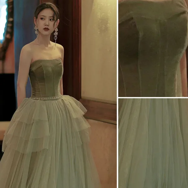 Modest / Simple Sage Green Prom Dresses 2022 A-Line / Princess Strapless Sleeveless Backless Floor-Length / Long Formal Dresses