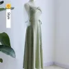 Modest / Simple Sage Green Bridesmaid Dresses 2023 A-Line / Princess Short Sleeve Backless Floor-Length / Long Bridesmaid Dresses