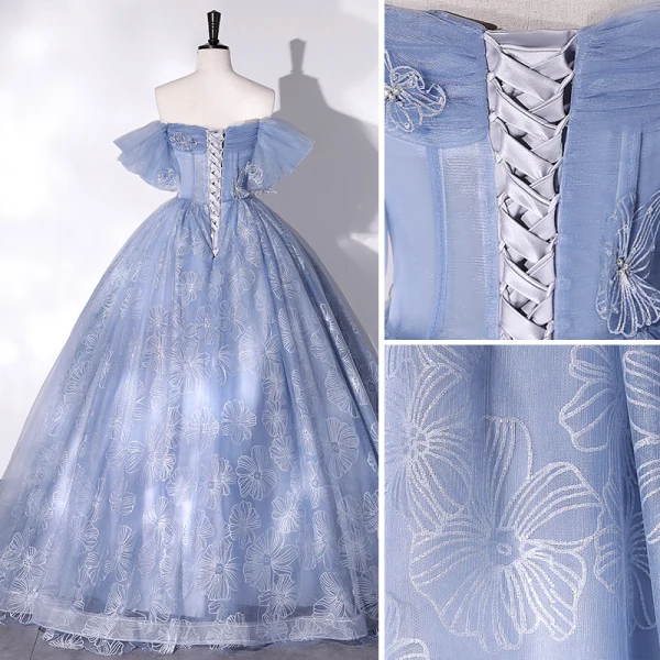 Fashion Sky Blue Flower Sequins Prom Dresses 2022 Ball Gown Off-The-Shoulder Short Sleeve Backless Floor-Length / Long Prom Formal Dresses
