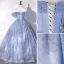Fashion Sky Blue Flower Sequins Prom Dresses 2022 Ball Gown Off-The-Shoulder Short Sleeve Backless Floor-Length / Long Prom Formal Dresses