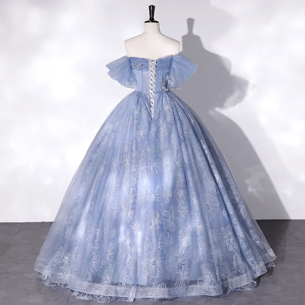Fashion Sky Blue Flower Sequins Prom Dresses 2022 Ball Gown Off-The-Shoulder Short Sleeve Backless Floor-Length / Long Prom Formal Dresses