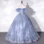 Fashion Sky Blue Flower Sequins Prom Dresses 2022 Ball Gown Off-The-Shoulder Short Sleeve Backless Floor-Length / Long Prom Formal Dresses