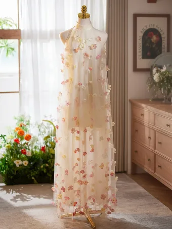 Fée Des Fleurs Rougissant Rose Appliques Robe De Bal 2025 Princesse Col Haut Sans Manches Longue Tulle Robe De Ceremonie