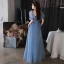 Chic / Beautiful Ocean Blue Prom Dresses 2022 A-Line / Princess Square Neckline Pearl Sequins Butterfly Short Sleeve Backless Floor-Length / Long Formal Dresses