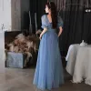 Chic / Beautiful Ocean Blue Prom Dresses 2022 A-Line / Princess Square Neckline Pearl Sequins Butterfly Short Sleeve Backless Floor-Length / Long Formal Dresses