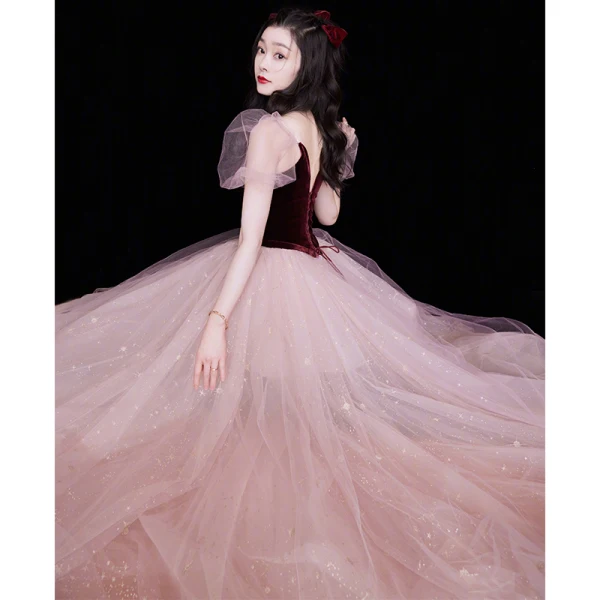 Chic / Beautiful Burgundy Suede Prom Dresses 2022 A-Line / Princess Square Neckline Puffy Short Sleeve Backless Floor-Length / Long Formal Dresses