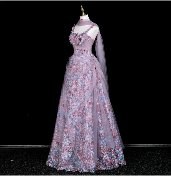 Flower Fairy Multi-Colors Appliques Rhinestone Prom Dresses 2025 A-Line / Princess Spaghetti Straps Sleeveless Backless Floor-Length / Long Formal Dresses