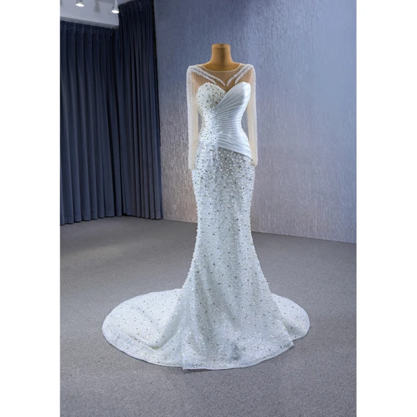 Haut de Gamme Blanche Fait main Perlage Perle Paillettes Robe De Mariée 2023 Trompette / Sirène Encolure Dégagée Manches Longues Tribunal Train Mariage