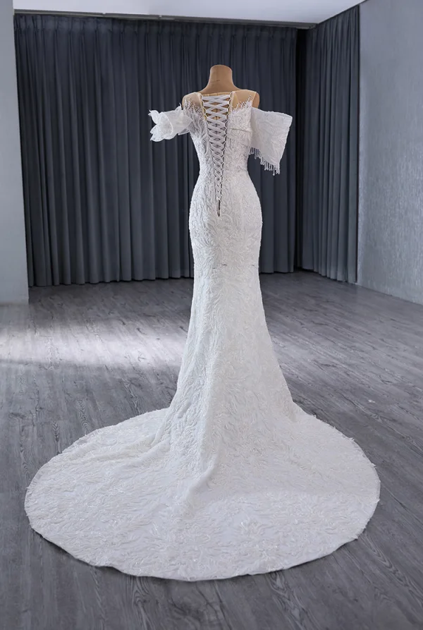 Luxury / Gorgeous White Handmade  Beading Rhinestone Lace Flower Cascading Ruffles Wedding Dresses 2024 Trumpet / Mermaid Scoop Neck Short Sleeve Court Train Wedding