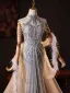 Sexy Scintillantes Argenté Perlage Faux Diamant Paillettes Robe De Soirée 2025 Trompette / Sirène Col Haut Sans Manches Dos Nu Train De Balayage Soirée Robe De Ceremonie