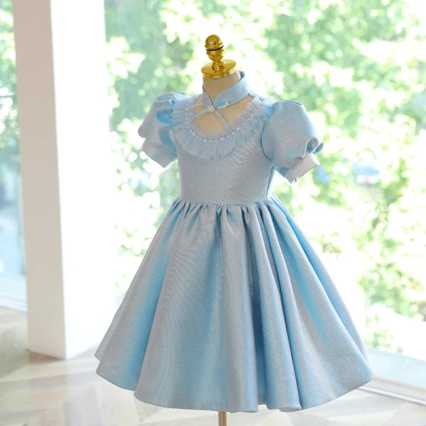 Chic / Beautiful Sky Blue Glitter Short Flower Girl Dresses 2022 A-Line / Princess Scoop Neck Pearl Short Sleeve Birthday Flower Girl Dresses