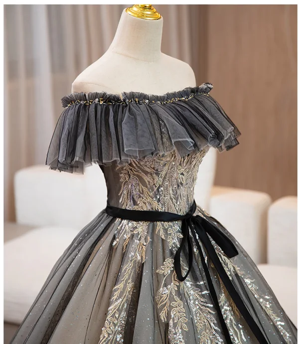 Elegant Black Sequins Lace Flower Prom Dresses 2024 Ball Gown Off-The-Shoulder Sleeveless Backless Bow Sash Floor-Length / Long Prom Formal Dresses