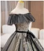 Elegant Black Sequins Lace Flower Prom Dresses 2024 Ball Gown Off-The-Shoulder Sleeveless Backless Bow Sash Floor-Length / Long Prom Formal Dresses