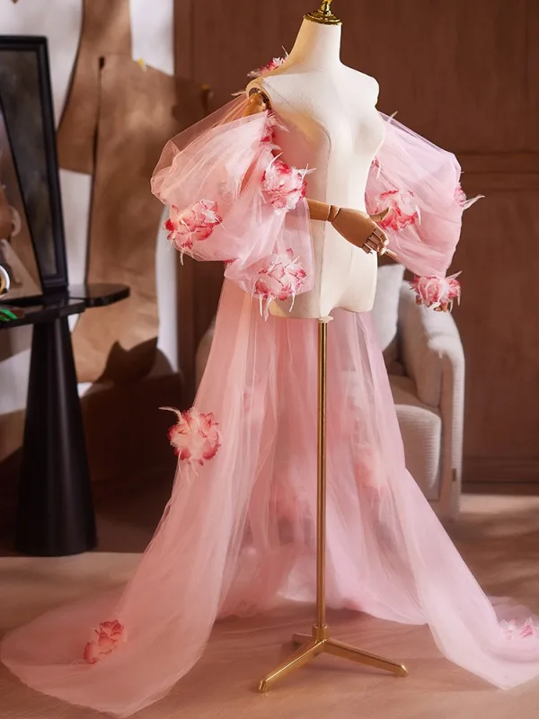 Chic / Belle Rougissant Rose Fait main Appliques Manches Courtes Promo châle 2025