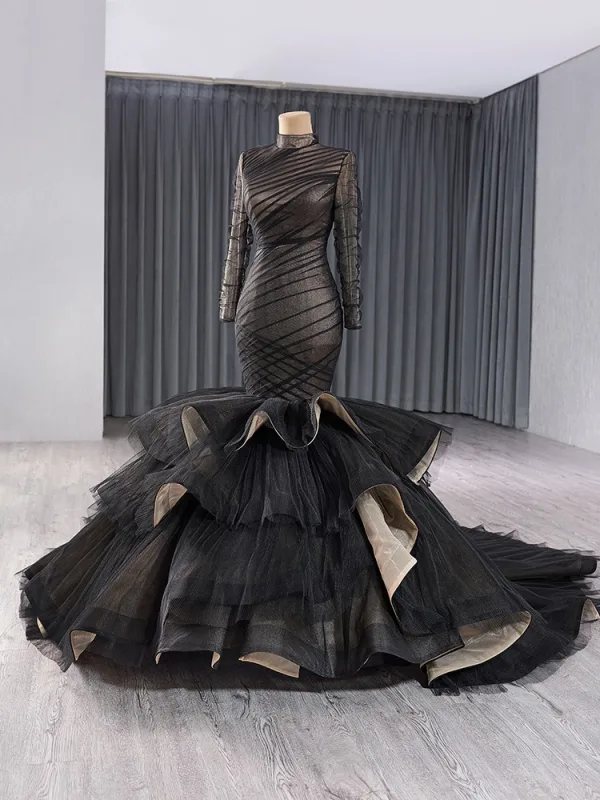 Musulmane Haut de Gamme Noire Trompette / Sirène Volants en Cascade Robe De Mariée 2024 Col Haut Manches Longues Chapel Train
