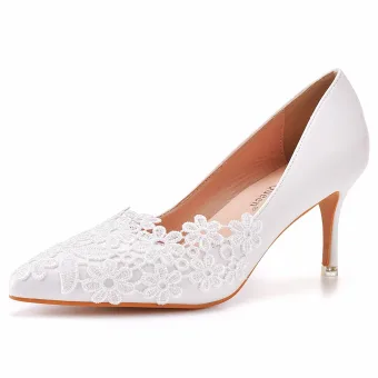 Simple Blanche En Dentelle Fleur Chaussure De Mariée 2025 7 Cm Talons Aiguilles À Bout Pointu Mariage Escarpins Talons Hauts