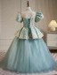 Chinese style Sky Blue Pearl Printing Prom Flower Girl Dresses 2023 Cascading Ruffles Ball Gown High Neck Puffy Short Sleeve Backless Floor-Length / Long Flower Girl Dresses