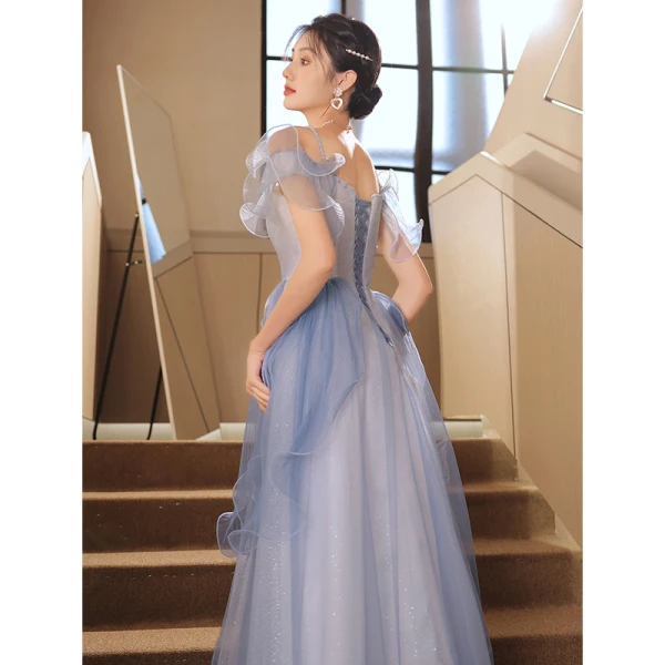 Chic / Beautiful Sky Blue Evening Dresses 2023 A-Line / Princess Spaghetti Straps Short Sleeve Backless Floor-Length / Long Evening Party Formal Dresses