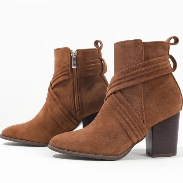 Fine Brun Vinter Gateklær Suede Boots Dame 2023 8 cm Tykk Hæler Spisse Boots