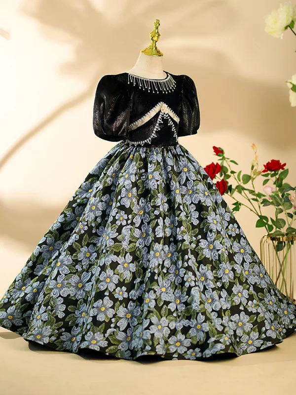 Vintage / Retro Black Rhinestone Floral Birthday Flower Girl Dresses 2024 Ball Gown Scoop Neck Short Sleeve Floor-Length / Long