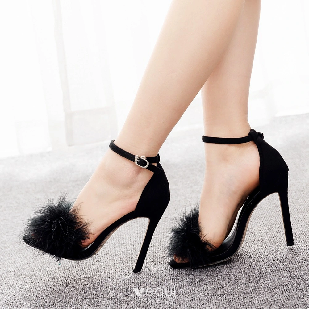 Sexy Noire Soiree Plumes Sandales Femme 2023 11 cm Talons Aiguilles Peep Toes Bout Ouvert Sandales Talons Hauts