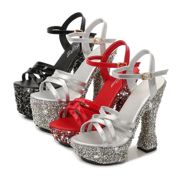 Glitzernden Schwarz Sexy Abend Strass Sandalen Damen 2023 Knöchelriemen 14 cm Thick Heels Peeptoes Sandaletten Hochhackige