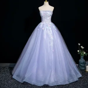 Chic Belle Lavande En Dentelle Fleur Appliques Robe De Bal 2025 Princesse Bustier Sans Manches Dos Nu Longue Robe De Ceremonie