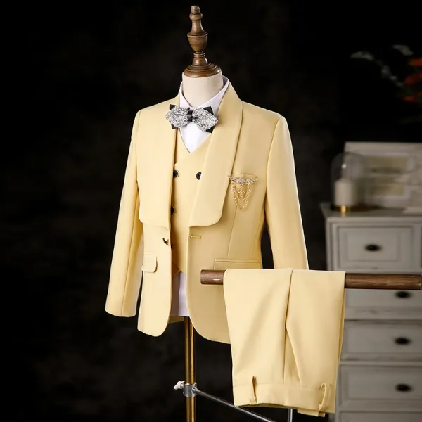 Yellow 6-piece Long Sleeve Boys Wedding Suits 2024 Body Jewellery Coat Pants Shirt Tie Vest