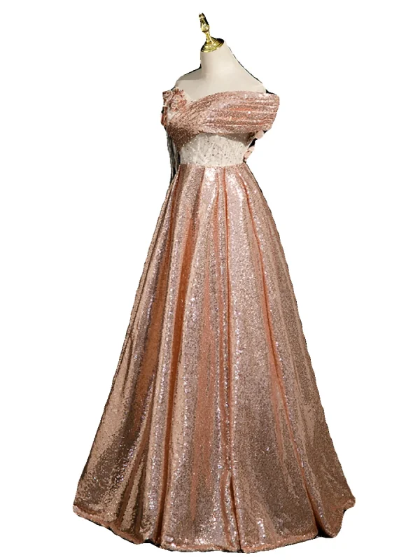 Sparkly Champagne Beading Sequins Tassel Prom Dresses 2024 A-Line / Princess Off-The-Shoulder Short Sleeve Backless Floor-Length / Long Prom Formal Dresses